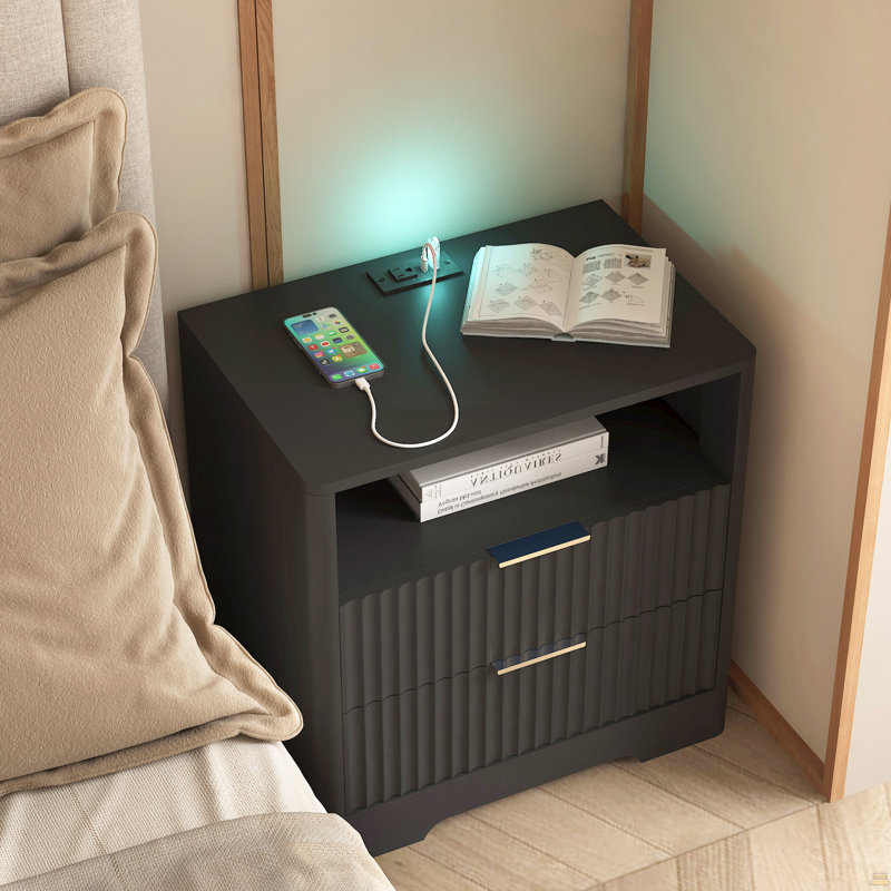 Nightstand With Charging Station, Smart Nightstand With Night Light,With Led Lights,Bedside Tables With Storage Cabinet For Bedroom,Black