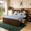 Lit plateforme très grand en bois avec tête de lit multi-rangements, charge USB et tiroirs au fini bois antique