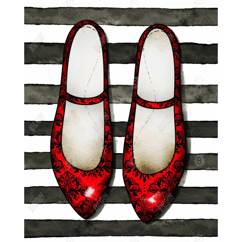 " Red Glossy Shoes On Striped Background "