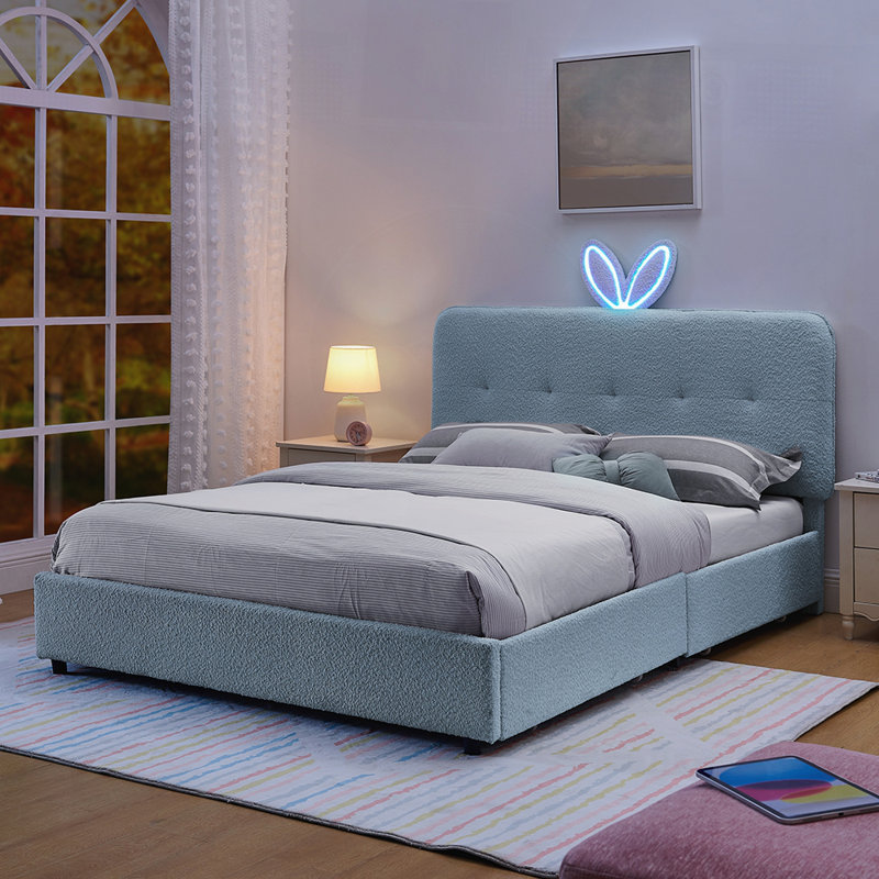 Lit tapissier pour enfants avec tête de lit surdimensionnée pour oreilles de lapin, 4 tiroirs de rangement à DEL, tissu Boucle