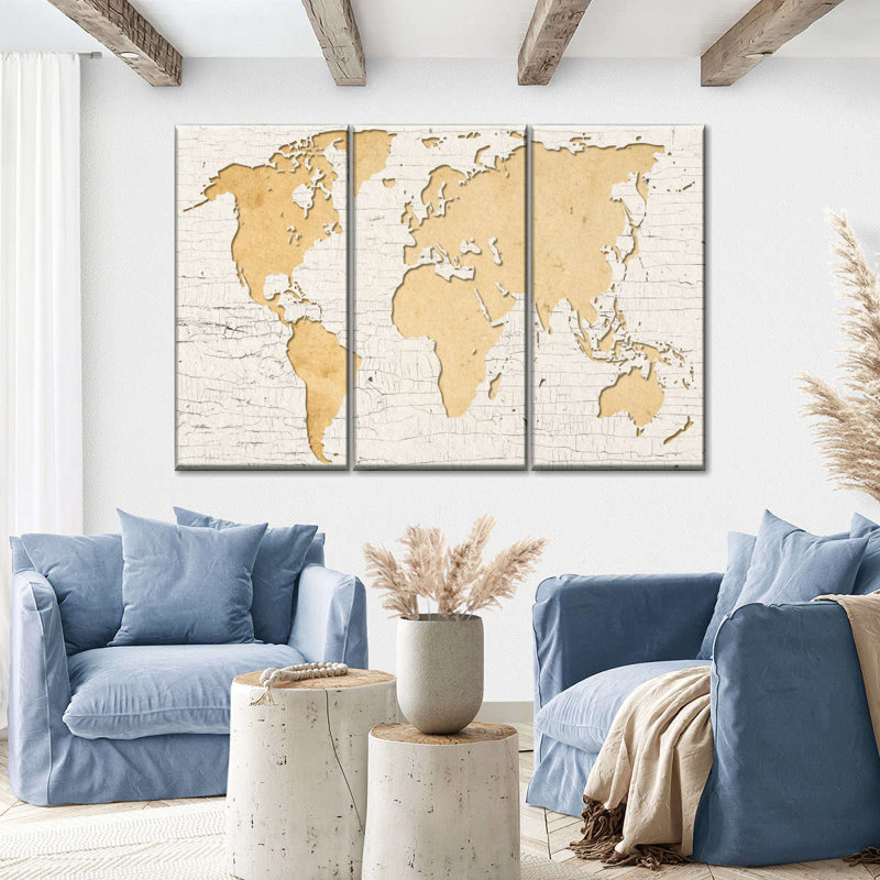 «World Map Beige World Map», reproduction sur toile 3 pièces par Jorge S, H 24 po x l 38 po x P 1,25 po