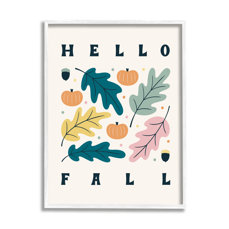 «Hello Fall», pastel moderne, feuilles d'automne, typographie noire, estampe numérique, art texturé par Jalynn Heerdt