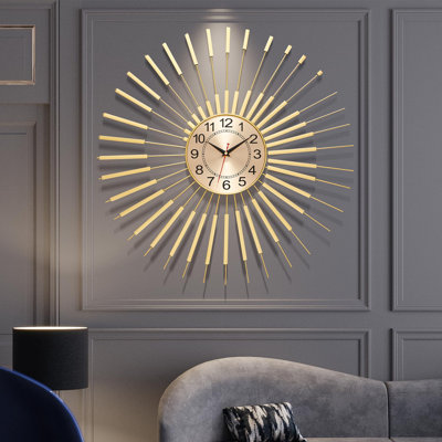 Ashby Starburst Sunburst Wall Clock - Non-Ticking Gold Metal Round Clock For Home/Office Decor