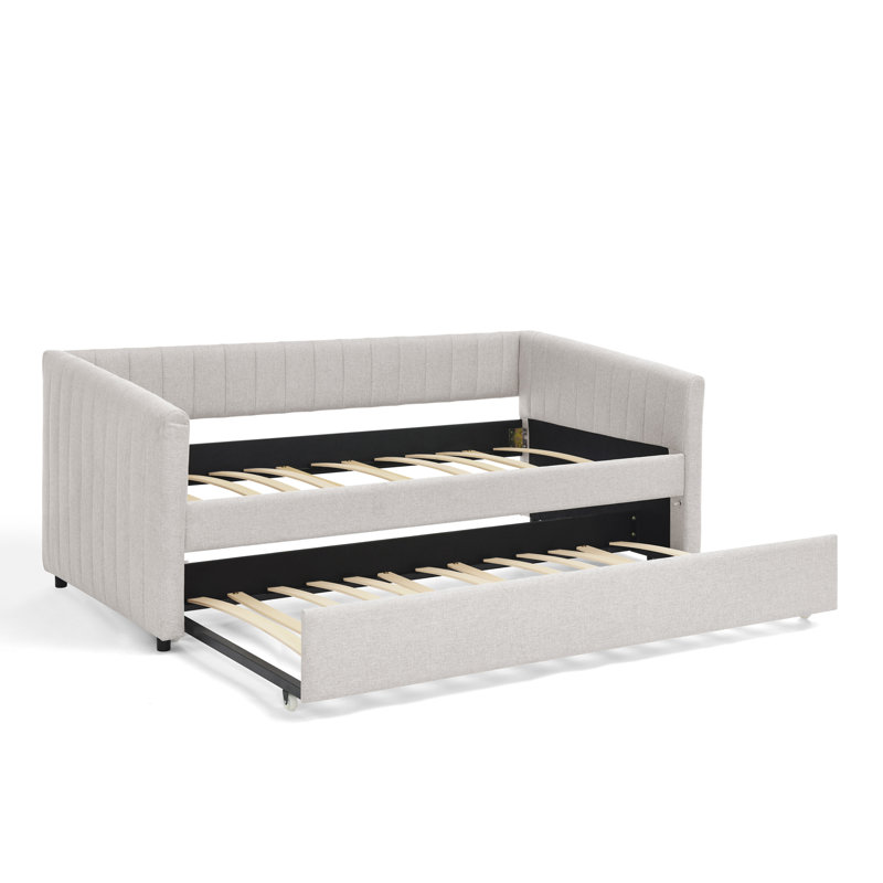 Twin Size Daybed With Trundle Upholstered Sofa Bed, With Vertical Stripes, Linen Fabric, Beige (82.5"X43"X30"), Twin, Beige