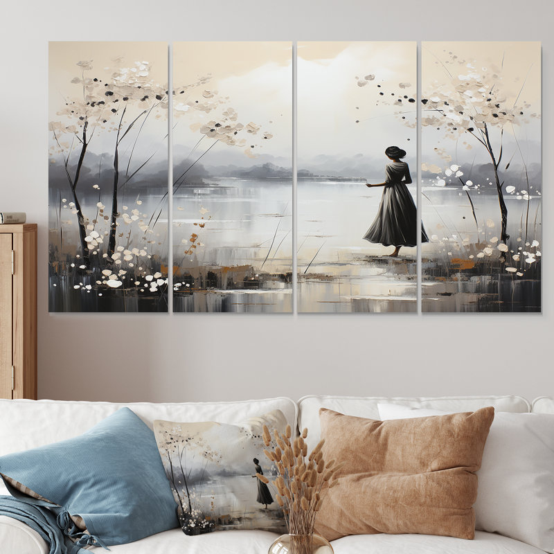 «Solitude Woman Calming Reflection Landscape - Ballet», art mural 4 pièces, H 28 po x l 48 po