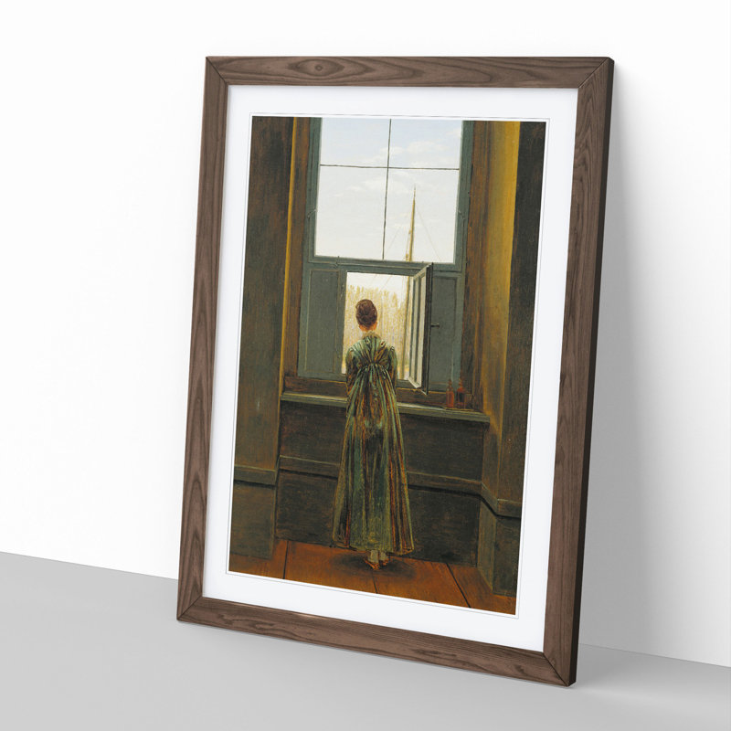 Woman at the Window by Caspar David Friedrich - Picture Frame Painting on MDF, 48cm H x 36cm W x 2cm D, Walnut Framed
