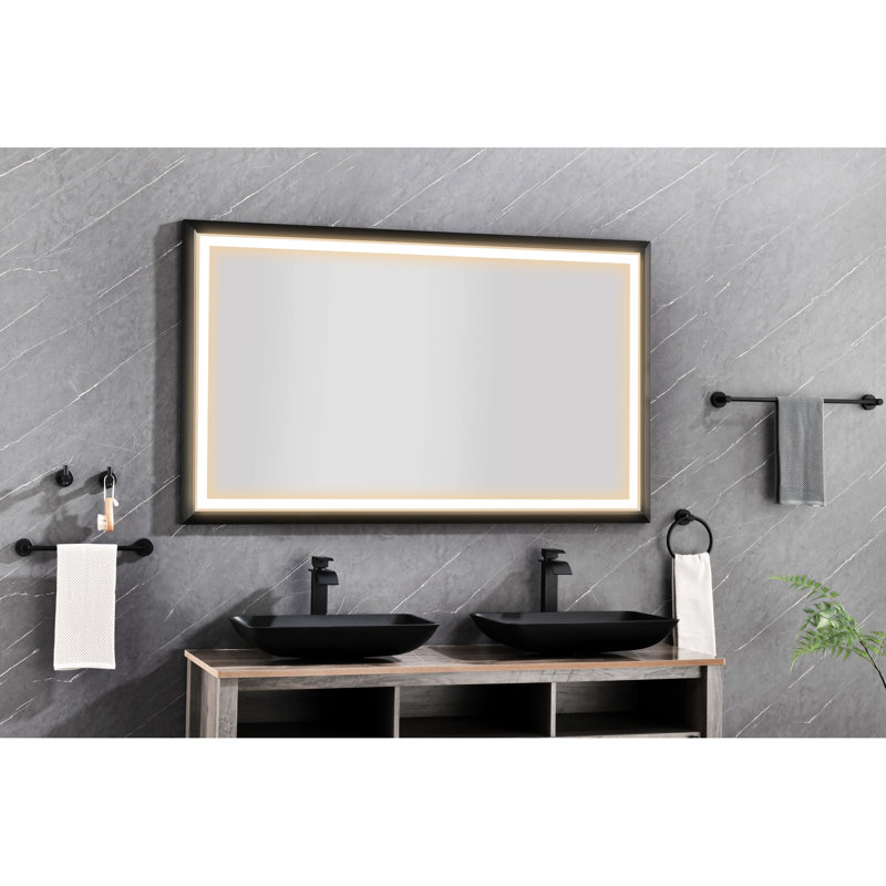 Cadre de salle de bain rectangulaire à miroir mural brouillard à intensité variable, 48,36 po x 82,5 po, Noir