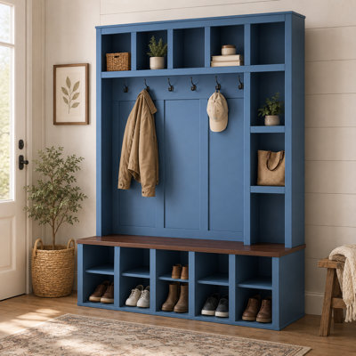 Porte-manteau de style champêtre avec banc de rangement, 6 patères, étagères réglables et 13 casiers, organisateur de chaussures 4 en 1 pour l'entrée