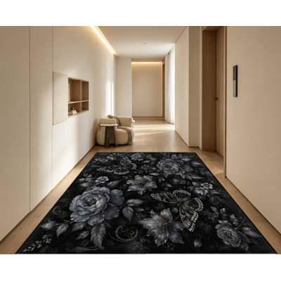 Tapis lavable à motif floral papillon gothique, noir et gris vintage, surface en velours, doux et antidérapant, décoration intérieure moderne pour salon, chambre, entrée, bureau, balcon, appartement