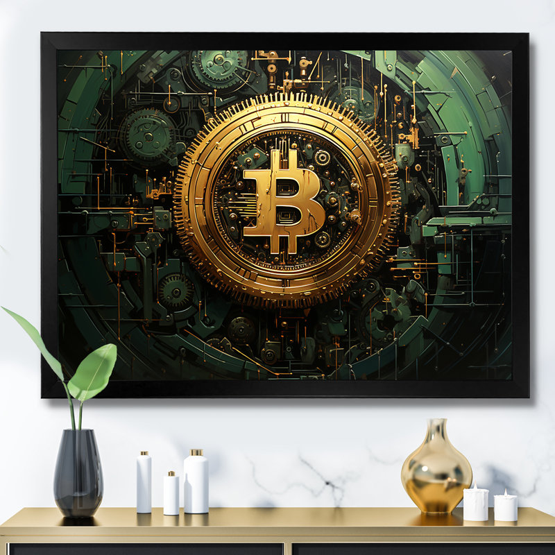 Or et vert - Crypto monnaie - art mural mode, Cadre d'angle fermé noir, H 30 po x l 40 po x P 1,5 po
