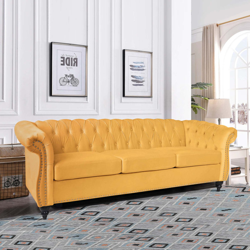 Canapé en velours rembourré 83,85 po Jemotte, Velours jaune