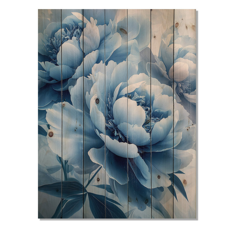 Blue Velvet Peonies Blooms II - Peonies Wood Wall Art - On Natural Pine Wood, 44" H x 34" W x 0.78" D