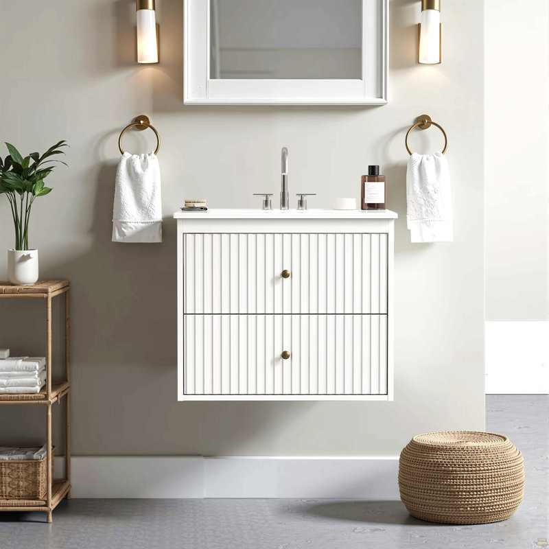 Ensemble de meuble-lavabo 24 po avec lavabo, armoire de rangement flottante avec portes et tiroirs, meuble-lavabo mural moderne avec surface peinte, blanc