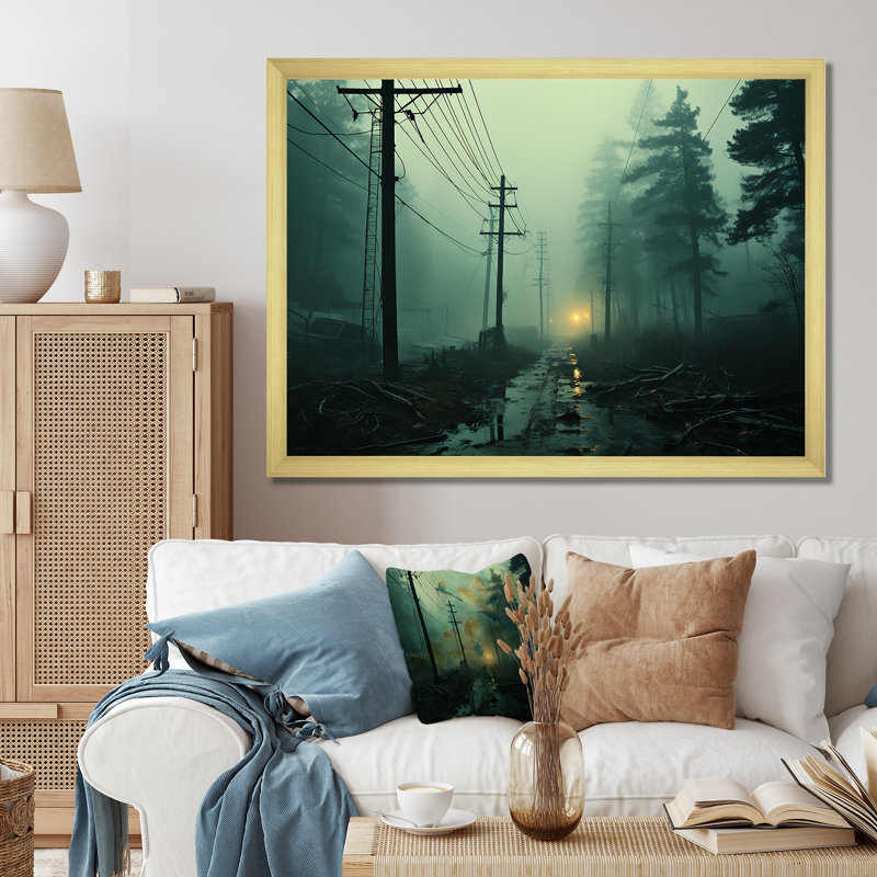 Lignes électriques bleu sarcelle et mystère I, H 30 po x l 40 po x P 1,5 po, Cadre doré simple