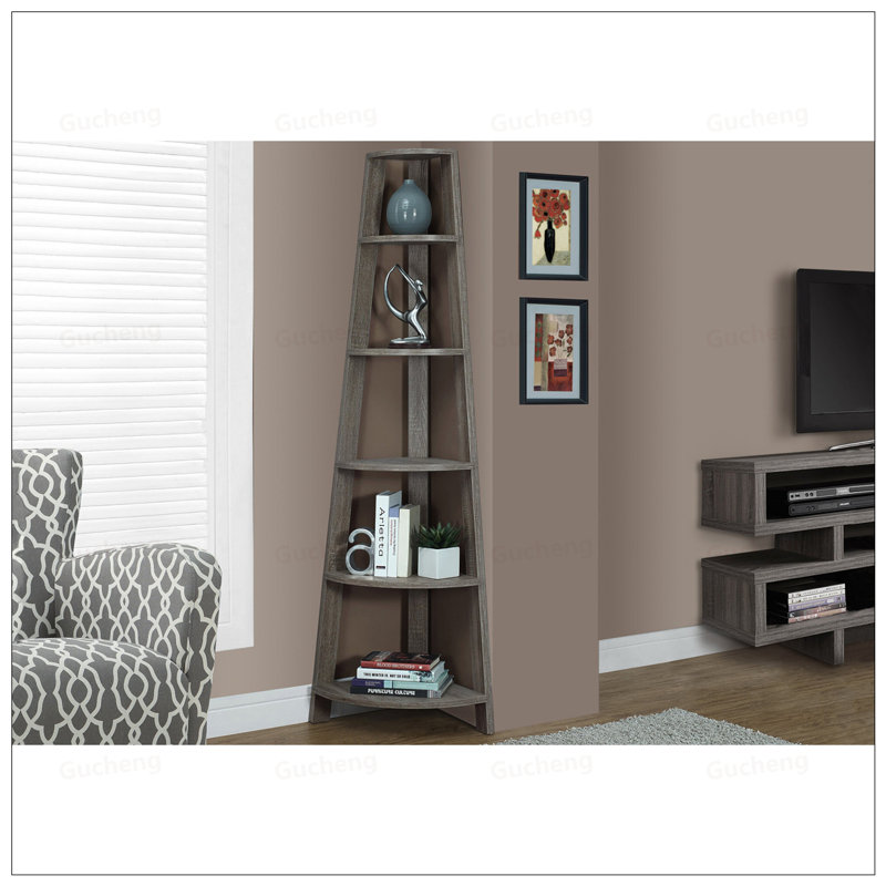 Contemporary Corner Etagere Bookcase With 5 Tier Shelves, Perfect For Maximizing Space In Modern Homes And Offices., Gray