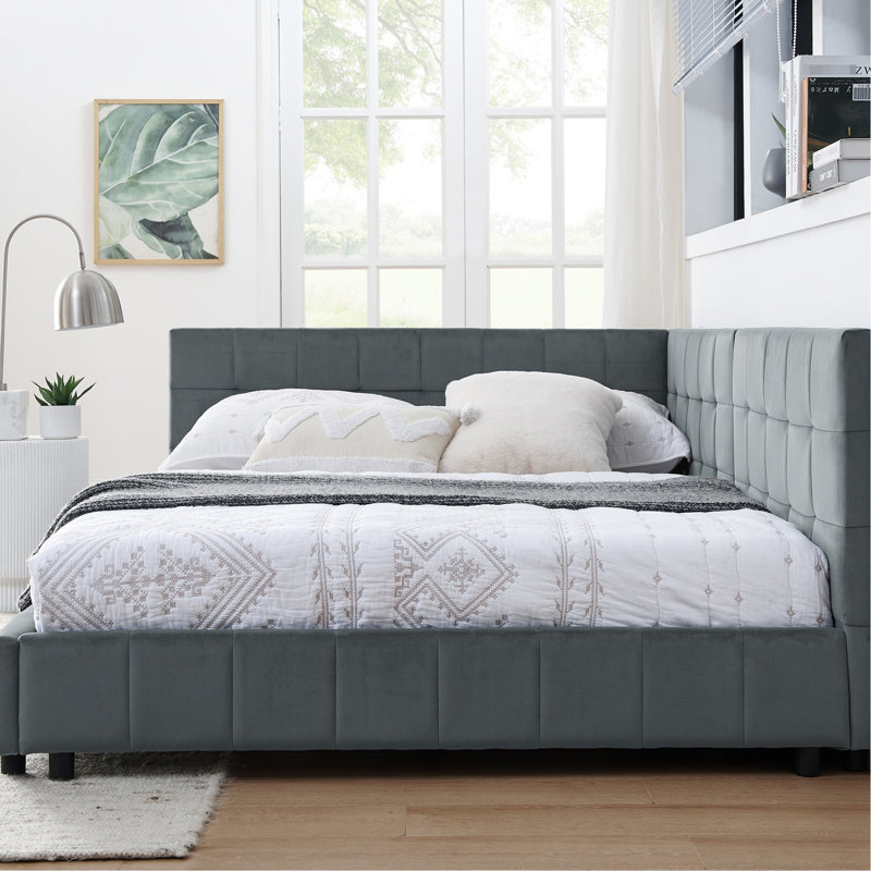 Structure de lit confortable en velours gris avec et pour la chambre à coucher Revêtement moderne avec accoudoirs confortables