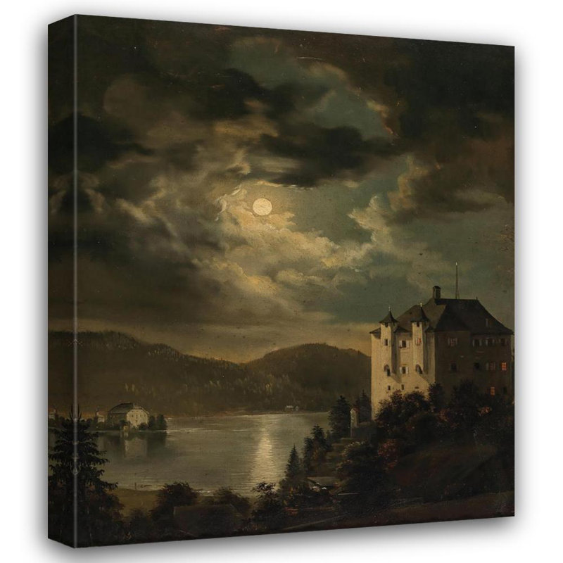 "Wortersee, clair de lune au-dessus du château de Freyenthurn avec une vue de Loretto" par Clementine Von Rainer - Art mural sur toile tendue avec châssis