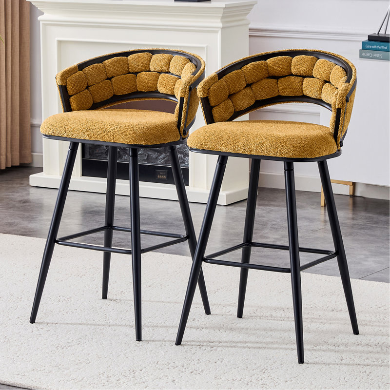 Ensemble de 2 tabourets de bar en chenille jaune avec pieds en fer noir, tabourets de comptoir modernes pour bar à domicile