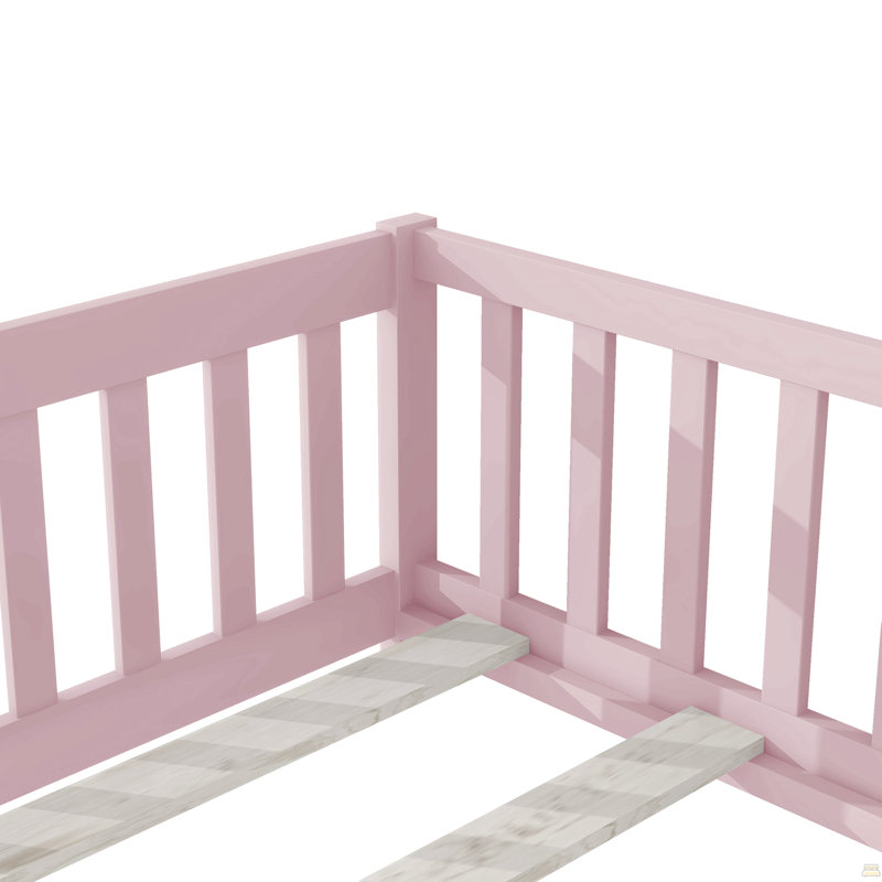 Lit simple au sol avec clôture et porte, lit en bois d'hévéa avec garde-corps de sécurité, Lit simple, Rose