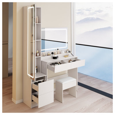 Ensemble de très grande coiffeuse à DEL avec double éclairage miroir, coiffeuse en MDF blanc et tabouret