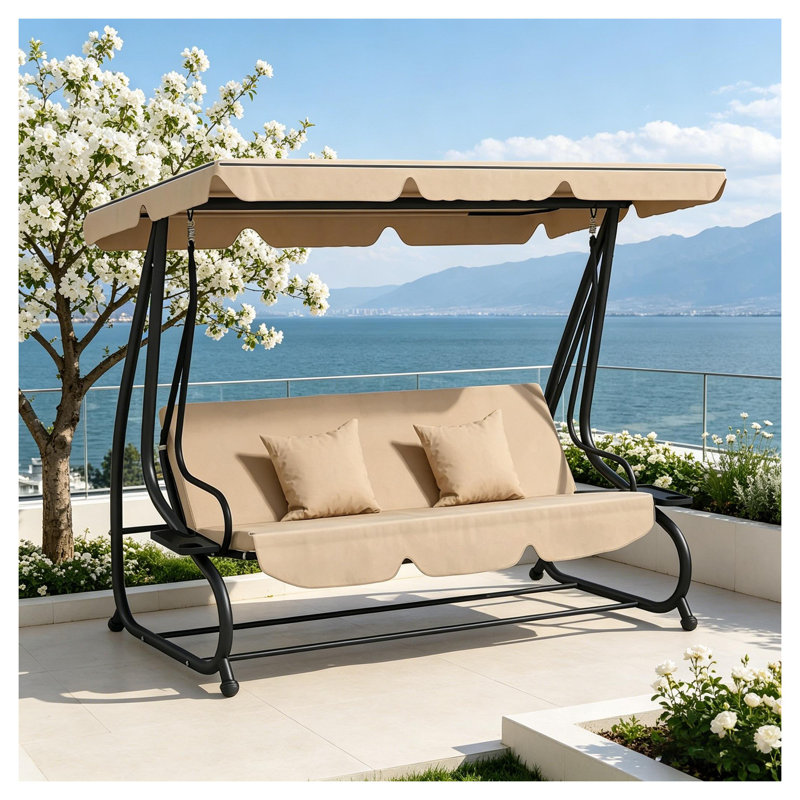 Beige Free-Standing Porch Swing Bed with Adjustable Canopy and Stand for Three Adults