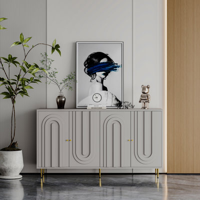 Trin Modern Lacquer Accent Cabinet with 4 Glass Doors – Adjustable Shelves Buffet Sideboard for Living Room, Dining Room, Entryway