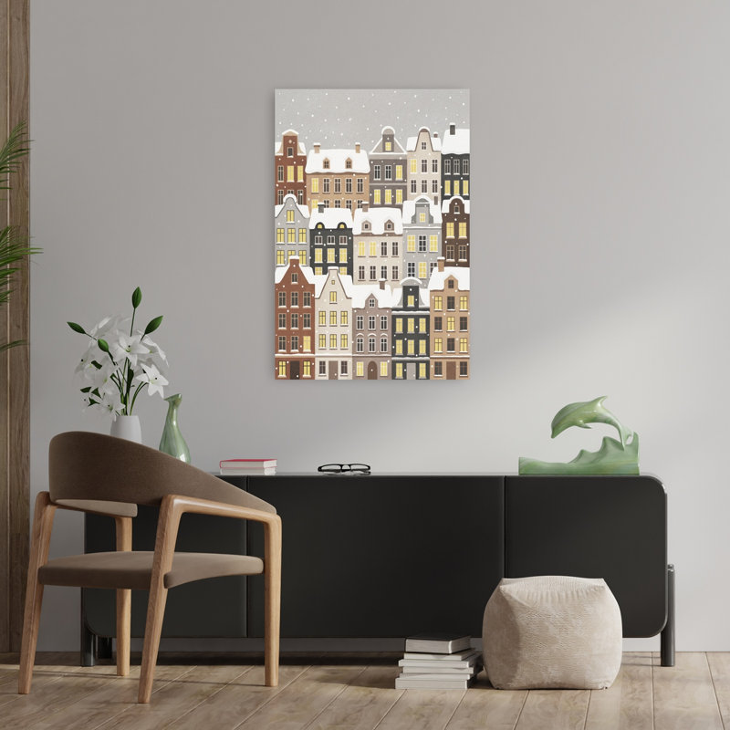 Cozy Winter Town, art contemporain urbain abstrait, H 36 po x l 24 po