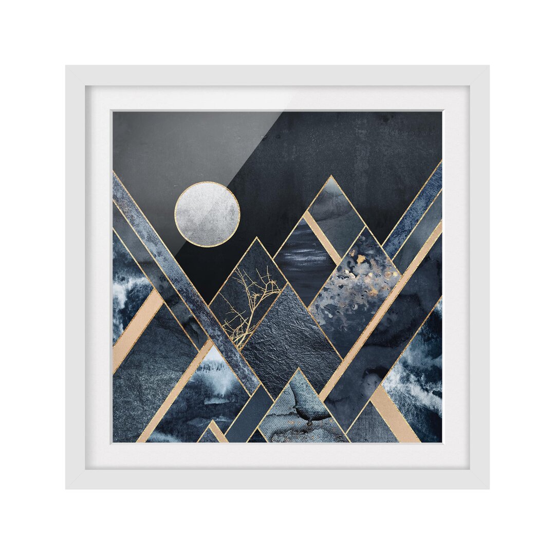 Gerahmtes Poster Golden Moon Abstract Black Mountains