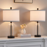 22" H Black Modern Clear Glass Bedside Table Lamp Set