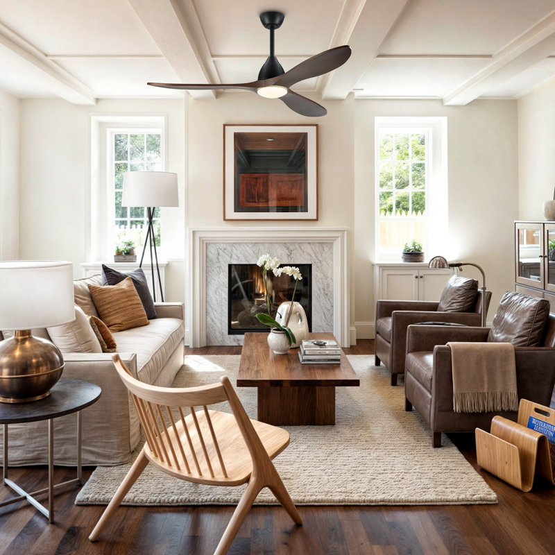 52" 3-Blade Smart LED Ceiling Fan with Dimmable Light and Remote Control, Matte Black with Walnut Blades, 60" Wide