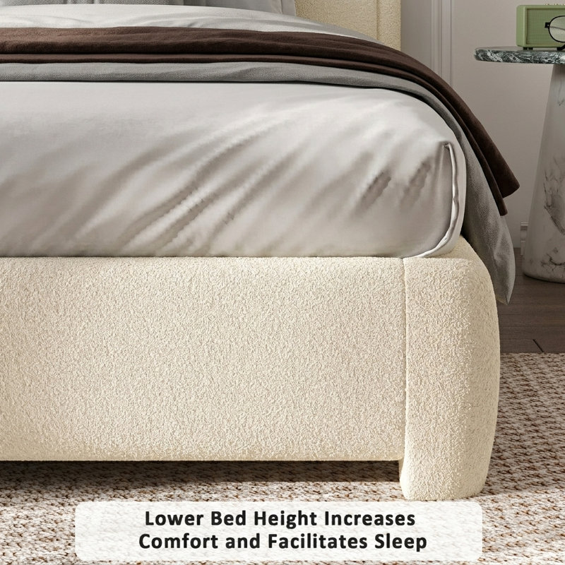 Lit plateforme tapissier Bensu Boucle, Grand lit, Crème