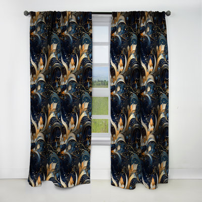 Midnight Blue And Golden Floral Marble Pattern II - Abstract Marble Blackout Curtain 1 Panels