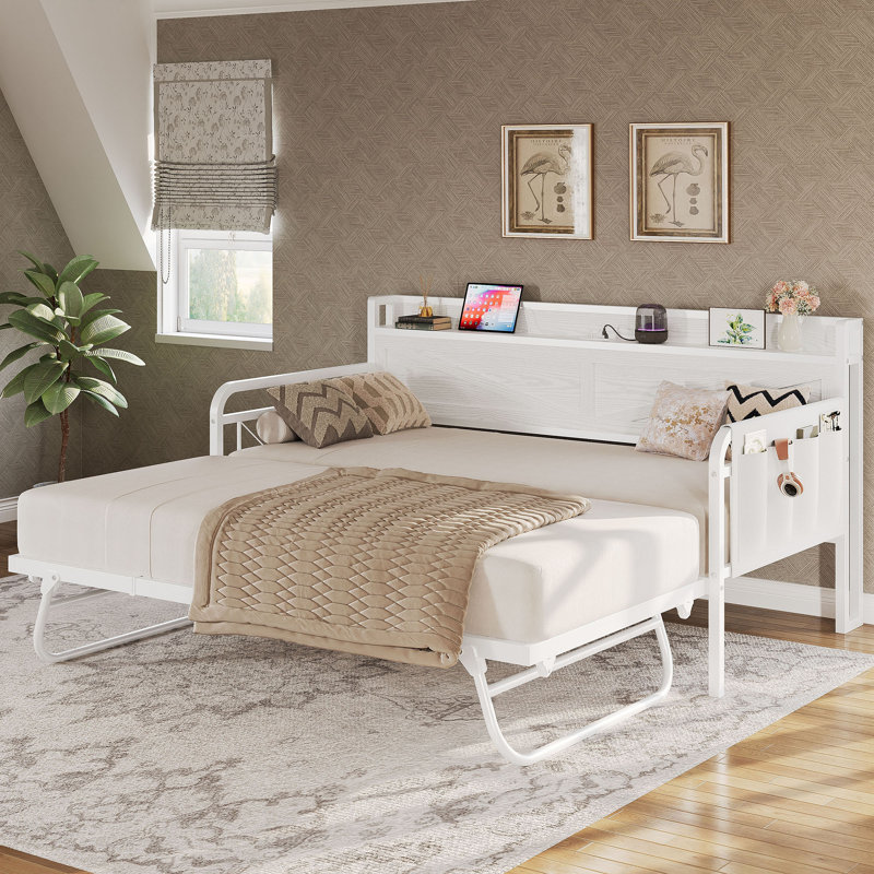 Twin Daybed with Pop Up Trundle, Storage Headboard and Charging Station, Strong Supports for Small Spaces, White, White
