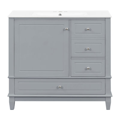 Meuble-lavabo sur pied 36 po avec lavabo en céramique, panneau de fibres à densité moyenne et base en bois massif, 3 tiroirs et armoire avec tablettes, finition peinte grise, meuble-lavabo autoportant avec trous de robinet de 4 po