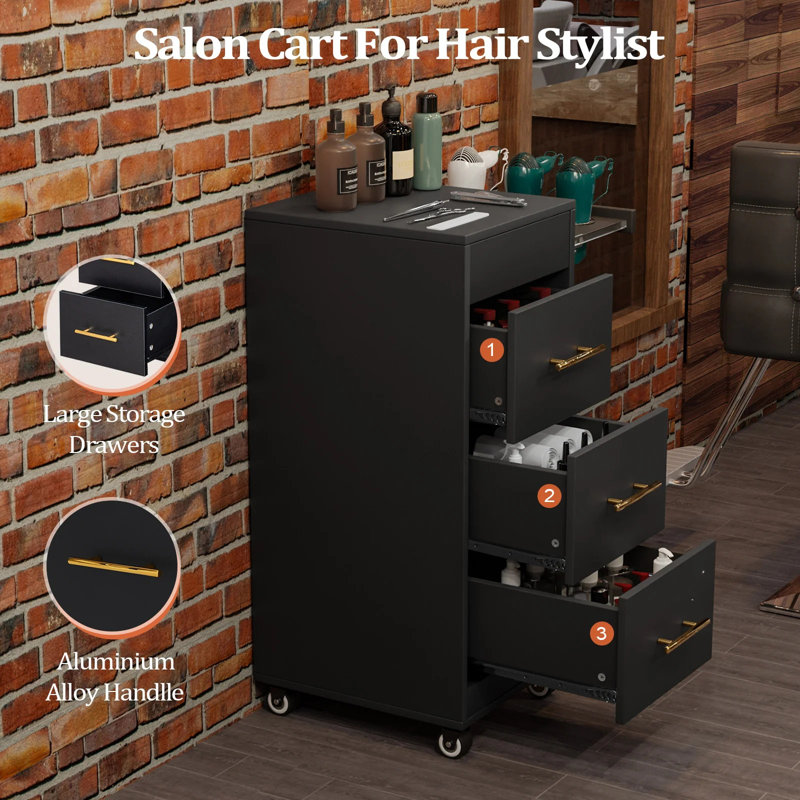 Wood Salon Trolley Cart With 4 Wheels, Black