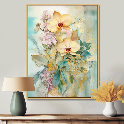 «Pink Orchid Flowers Illustration Vintage Blue», reproduction d'art murale orchidée