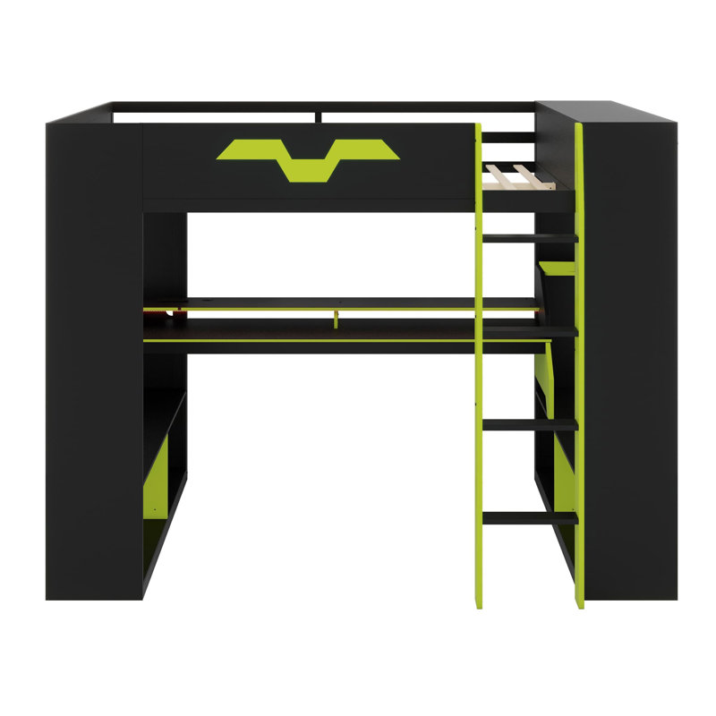 Smart Loft Bed Featuring Built-in Outlets, Multi-Device Charging Hub, and Advanced Cable Management with Ambient Light, Green