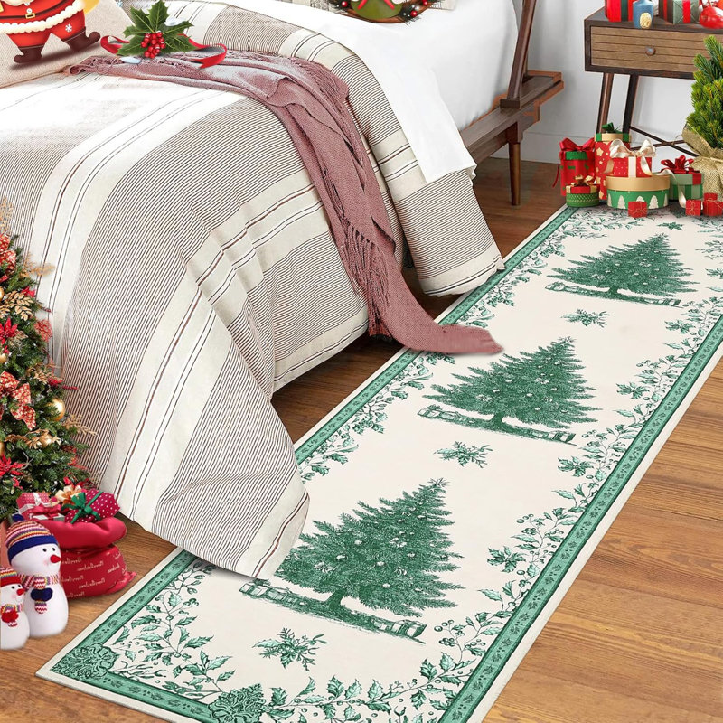 Christmas Tree Print Non-Slip Indoor Ru – Washable Soft Holiday Doormat for Entryway, Kitchen, Bathroom, Bedside -Thin Red Carpet