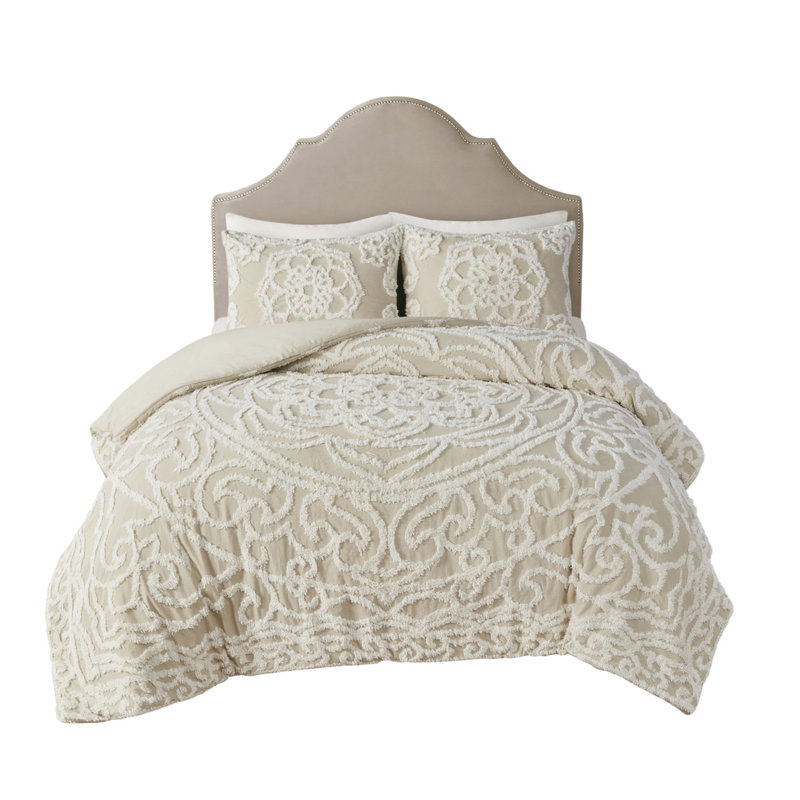 Literie en coton chenille à médaillon - attrayant, 100% coton, 4 attaches, housse de couette lavable à la machine, Taupe