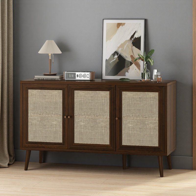 47.2"  3-Door storage Sideboard with Rattan  Doors, Walnut