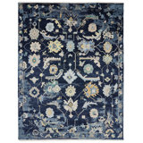 Timeless Fusion Hand Knotted Wool Floral Area Rug in Blue