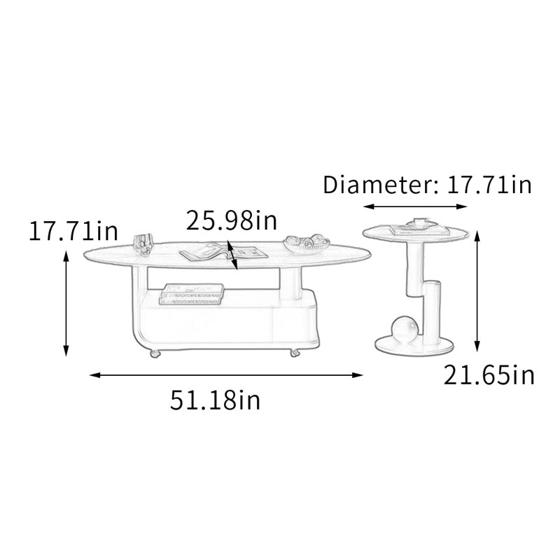 Ensemble de table basse mobile avec rangement et roulettes, Brun noisette, Noir / Beige, H 17,71 po x L 51,18 po x l 25,98 po