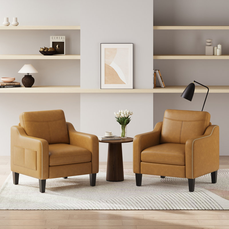 Mid-Century Modern Accent Chair, PU Leather, Solid Wood Frame With Foam Cushions, Brown Faux Leather, No