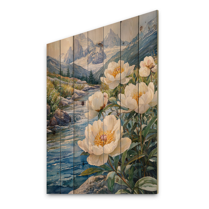 Pivoines et les eaux glaciaires - Art mural en bois de pivoines - sur bois de pin naturel, H 44 po x l 34 po x P 0,78 po