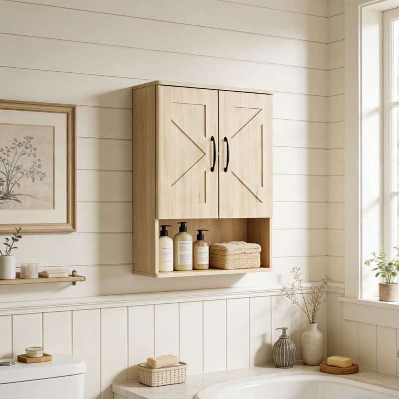 Armoire de salle de bain murale 19 ", rangement mural avec tablettes réglables et porte double, Naturel