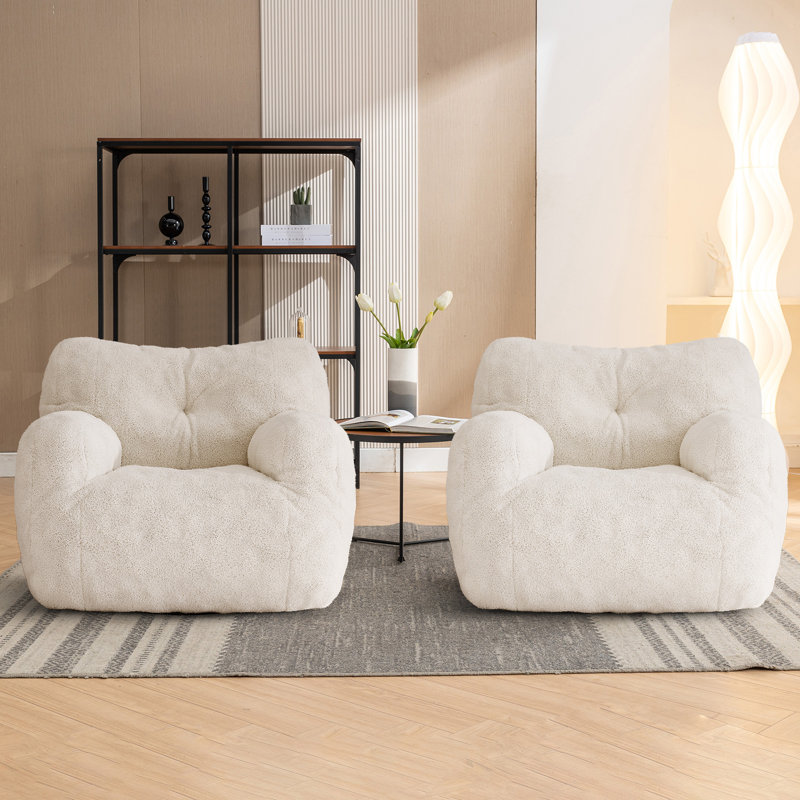 Compression Medium Teddy Fabric Bean Bag Chair (Set of 2), Ivory Teddy