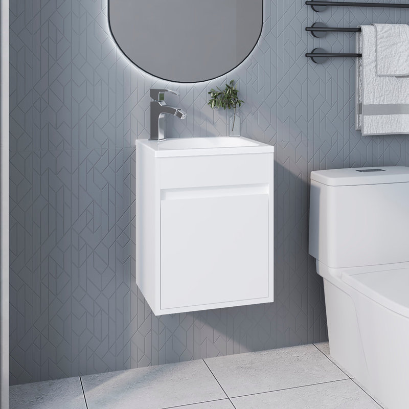 Meuble-lavabo flottant blanc avec lavabo et 1 porte, Blanc