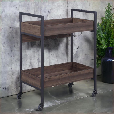 Chariot de service Jerrick, 2 niveaux avec porte-gobelet | Noyer & amp; Finition noire | Noir, noyer | Métal, bois synthétique
