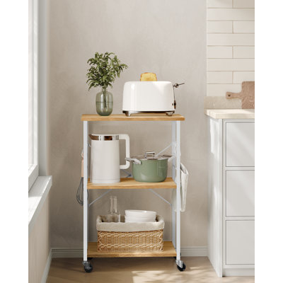 Kitchen Shelf On Wheels, Serving Trolley With 3 Shelves, Microwave Shelf, For Mini Oven, Toaster, With 6 Hooks, Industrial Style, Golden Oak And Cloud White