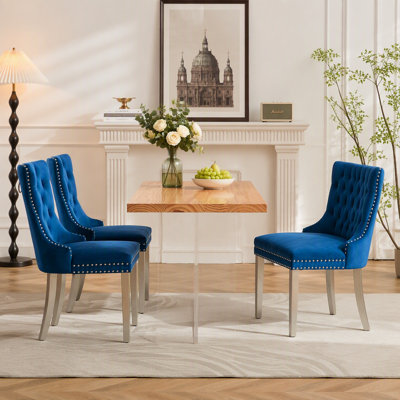 Velvet Double Dining Loveseat Bench, Kitchen & Dining Seating, 2-Seat Tufted Bench W/Handmade Buttons, Wing Back, Brushed Silver Stainless Steel Legs, Mid Century Modern,Single Pack,Blue,SW1702BL